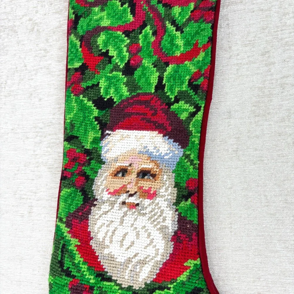 Vintage Needlepoint Cross Stitch Santa Garland Bow Christmas Stocking 18 in